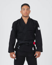 Kingz The ONE V2 BJJ Gi Black front view showing black belt with red bar and white crown chest logos