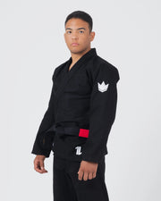 Kingz The ONE V2 BJJ Gi Black three-quarter side view showing crown sleeve patch and number one logo