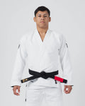 Kingz The ONE V2 BJJ Gi White front view showing black belt with red bar and black crown shoulder logos