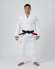 Kingz The ONE V2 BJJ Gi White full body front view showing complete gi set with black crown logos