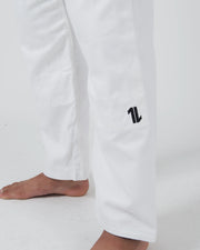 Kingz The ONE V2 BJJ Gi White pants leg closeup showing black number one logo on ripstop fabric