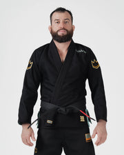 Kingz Nano 3.0 Terra LE BJJ Gi Black front view showing black belt and gold Terra crown accents