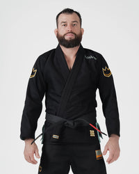 Kingz Nano 3.0 Terra LE BJJ Gi Black front view showing black belt and gold Terra crown accents