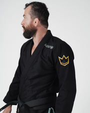Kingz Nano 3.0 Terra LE BJJ Gi Black chest closeup showing Nano logo and gold crown sleeve patch