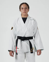 Kingz Nano 3.0 Terra Limited Edition Women's Jiu Jitsu Gi Black - Front View Female Athlete White Gi Black Belt Crown Badge Sleeve Patch Embroidered Logo Premium BJJ Gi Training [color:Black]