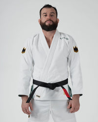 Kingz Nano 3.0 Terra LE BJJ Gi White front view showing black belt and gold Terra crown accents