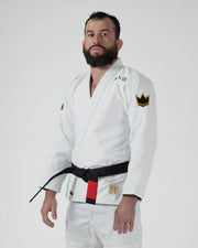 Kingz Nano 3.0 Terra LE BJJ Gi White three-quarter view showing gold crown sleeve patch and belt