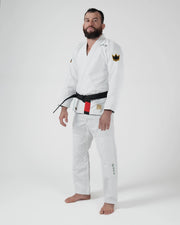 Kingz Nano 3.0 Terra LE BJJ Gi White three-quarter full body angle showing gi fit and Nano leg logo