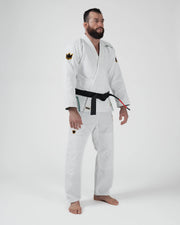 Kingz Nano 3.0 Terra LE BJJ Gi White front standing view showing black belt and gold crown patches