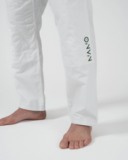 Kingz Nano 3.0 Terra LE BJJ Gi White lower leg closeup showing vertical Nano graphic on pants