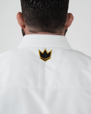 Kingz Nano 3.0 Terra LE BJJ Gi White upper back closeup showing gold outlined crown logo below collar