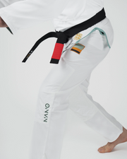 Kingz Nano 3.0 Terra LE BJJ Gi White hip side view showing black belt earth tone Terra patch and Nano logo