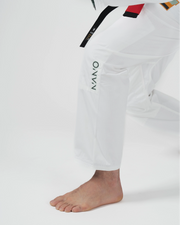Kingz Nano 3.0 Terra LE BJJ Gi White lower body detail showing Nano pant graphic and Terra belt accents