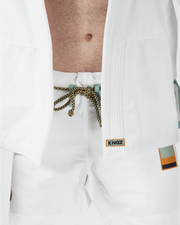 Kingz Nano 3.0 Terra LE BJJ Gi White waistband closeup showing patterned drawstring and gold Kingz label