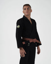 Kingz The ONE V2 LE BJJ Gi Black Green side angle view showing gi pants leg crown and slim fit cut