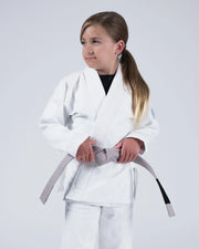 Kingz Born to Rule Youth Jiu Jitsu Gi - White - Front View Young Athlete White Gi Subtle Crown Badge Embroidered Chest Yellow Belt Contrast Black Tab Traditional Fit BJJ Gi Training [color:White]
