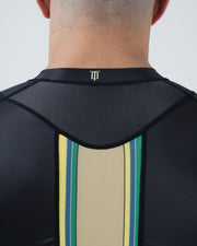 Kingz Player Special Limited Edition Rashguard Black - Back View Upper Body Black Mesh Panels Vertical Stripes Yellow Green Beige Small Logo Neckline Sleek Fit BJJ Grappling Rash Guard [color:Black]