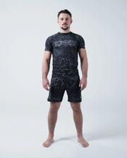 Kingz Acid Wash Rashguard Black - Full Body Straight Front View Barefoot Male Athlete Short Sleeve Large KINGZ Bold White Outline Text Acid Wash Dot Pattern Matching Shorts