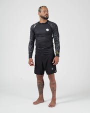 Kingz Ranked Performance V3 L/S Rashguard Black - Full Body Straight Front View Male Athlete Barefoot Long Sleeve Crown Logo Patterned Sleeves Black Shorts