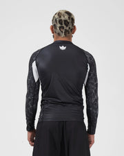 Kingz Ranked Performance V3 L/S Rashguard Black - Full Body Straight Back View Male Athlete Long Sleeve White Crown Logo Patterned Dot Sleeves White Arm Panels