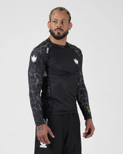 Kingz Ranked Performance V3 L/S Rashguard Black - Full Body Side Profile View Male Athlete Long Sleeve Compression Fit Patterned Sleeves IBJJF Approved Black Shorts