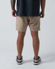 Kingz Casual Gi Shorts Khaki Tan Beige - Full Body Back View Male Athlete Khaki Ripstop Casual Shorts Clean Back Panel Back Pockets Dark Navy T-Shirt Black Nike Dunk Sneakers Men's BJJ Lifestyle [color:Khaki]