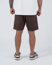 Kingz Casual Gi Shorts Brown Dark Chocolate - Full Body Back View Male Athlete Dark Brown Ripstop Casual Shorts Clean Back Panel Back Pockets White T-Shirt Brown Nike Dunk Sneakers Men's BJJ Lifestyle [color:Earthy brown]