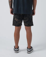 Kingz Casual Gi Shorts Camo Dark Military - Full Body Back View Male Athlete Dark Military Camo Ripstop Shorts Clean Back Panel Back Pockets Dark Navy T-Shirt Black White Nike Dunk Sneakers Men's BJJ Lifestyle [color:Dark/Camo]