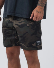 Kingz Casual Gi Shorts Camo Dark Military - Close Up Right Thigh Detail KINGZ KIMONOS Woven Label Right Thigh Dark Military Camo Ripstop Fabric Hand in Side Pocket Men's BJJ Lifestyle [color:Dark/Camo]