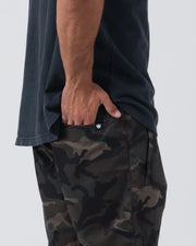 Kingz Casual Gi Shorts Camo Dark Military - Close Up Waistband and Pocket Detail Crown Logo Front Waistband Hand in Pocket Dark Military Camo Ripstop Fabric Texture Men's BJJ Lifestyle Casual Shorts [color:Dark/Camo]