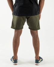 Kingz Casual Gi Shorts Military Green Dark Olive - Full Body Back View Male Athlete Dark Olive Ripstop Shorts Clean Back Panel Elastic Hem Banding Black T-Shirt Blue Suede Yellow Sole Sneakers Men's BJJ Lifestyle [color:Military Green]