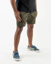 Kingz Casual Gi Shorts Military Green Dark Olive - Full Body Back View Arms at Sides Male Athlete Dark Olive Ripstop Shorts Elastic Hem Banding Black T-Shirt Blue Suede Yellow Sole Sneakers Men's BJJ Lifestyle [color:Military Green]