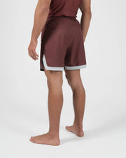 Kingz Trooper Shorts Maroon - Full Body Back View Male Athlete Maroon Burgundy Inner Compression Shorts Gray Hem Visible Side Split Men's Grappling Shorts No-Gi BJJ