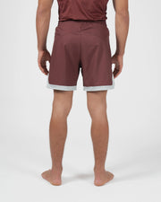 Kingz Trooper Shorts Maroon - Full Body Back View Straight Stance Male Athlete Maroon Burgundy Inner Compression Shorts Gray Hem Side Split Men's Grappling Shorts No-Gi BJJ