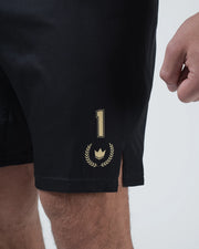 Kingz Player Special Limited Edition Shorts Black Gold - Close Up Badge Detail Gold Crown Laurel Wreath Badge Player Number 1 Badge Right Thigh Black Base Gold-on-Black Premium Embroidered Style Men's Grappling Shorts No-Gi BJJ [color:Black]