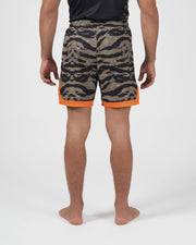 Kingz Always Hunting Shorts Green Camo - Full Body Back View Male Athlete Tiger Camo Pattern Back Orange Inner Compression Shorts Hem Visible Competition Cut Men's Grappling Shorts No-Gi BJJ