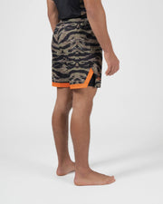 Kingz Always Hunting Shorts Green Camo - Full Body Right-Back Side Profile Male Athlete Tiger Camo Pattern Orange Side Panel Inner Compression Shorts Orange Trim Competition Cut Men's Grappling Shorts No-Gi BJJ