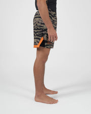 Kingz Always Hunting Shorts Green Camo - Full Body Left Side Profile Male Athlete Tiger Camo Pattern Orange Inner Compression Shorts Hem Visible Competition Cut Men's Grappling Shorts No-Gi BJJ