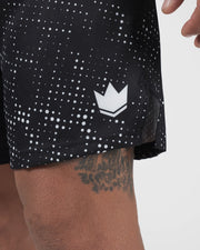 Kingz Acid Wash Shorts Black - Close Up Crown Badge Detail Large White Kingz Crown Logo Right Thigh Black Base White Dot Acid Wash Gradient Pattern Sublimated Fabric Side Seam Visible Men's Grappling Shorts No-Gi BJJ