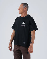 Kingz Hunting Tee - Front Three Quarter Angle - Always Hunting Crown Graphic Chest Print Worn - Black BJJ Tee
