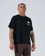 Kingz Hunting Tee - Upper Body Front Cropped View - Always Hunting Crown Chest Graphic - Black Pigment Dye BJJ Tee