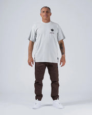 Kingz Hunting Tee - Full Body Front Lifestyle - Always Hunting Crown Chest Print Pigment Dyed Worn - Light Gray BJJ