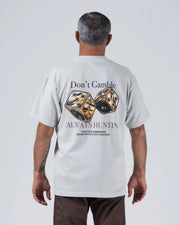 Kingz Hunting Tee - Full Back View - Don't Gamble Always Huntin Dice Back Print Light Gray Pigment Dyed BJJ Tee