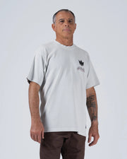 Kingz Hunting Tee - Front Angle Chest Detail - Always Hunting Crown Logo Chest Print Pigment Dyed - Light Gray BJJ