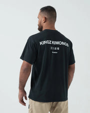Kingz HQ V2 Tee - Back View - KINGZ KIMONOS Japanese Text San Diego HQ Location Back Print - Black BJJ Tee