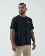 Kingz HQ V2 Tee - Front Upper Body Lifestyle - Kingz Kimonos HQ Chest Print Garment Washed Worn - Black BJJ Tee
