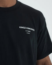 Kingz HQ V2 Tee - Back Print Macro Closeup - KINGZ KIMONOS Japanese Text San Diego HQ Location Print - Black BJJ Tee