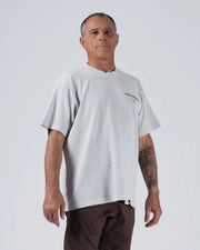 Kingz HQ V2 Tee - Front Alternate Angle - Kingz Kimonos HQ Location Print Garment Washed Heavyweight - Light Gray BJJ Tee
