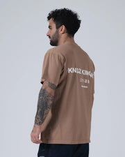 Kingz HQ V2 Tee - Back Three Quarter Angle - Kingz Kimonos Japanese Text San Diego Back Print - Mocha Tan BJJ Tee