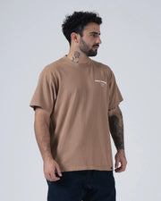 Kingz HQ V2 Tee - Front Angle Cropped View - HQ Minimal Chest Print Worn Lifestyle Mocha Tan Garment Wash BJJ Tee